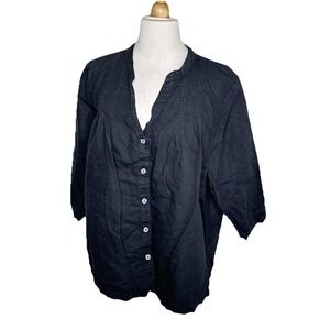 Hot Cotton Womens 1X Black Blouse Top Button Down 3/4 Sleeve V-neck Linen Cotton